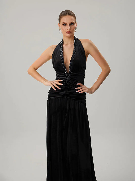 Black Halter Ruched Maxi Dress