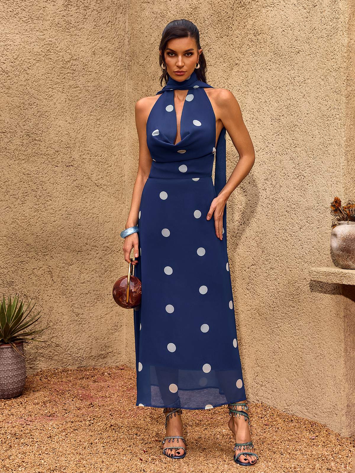 Midnight Polka Drape Maxi Dress