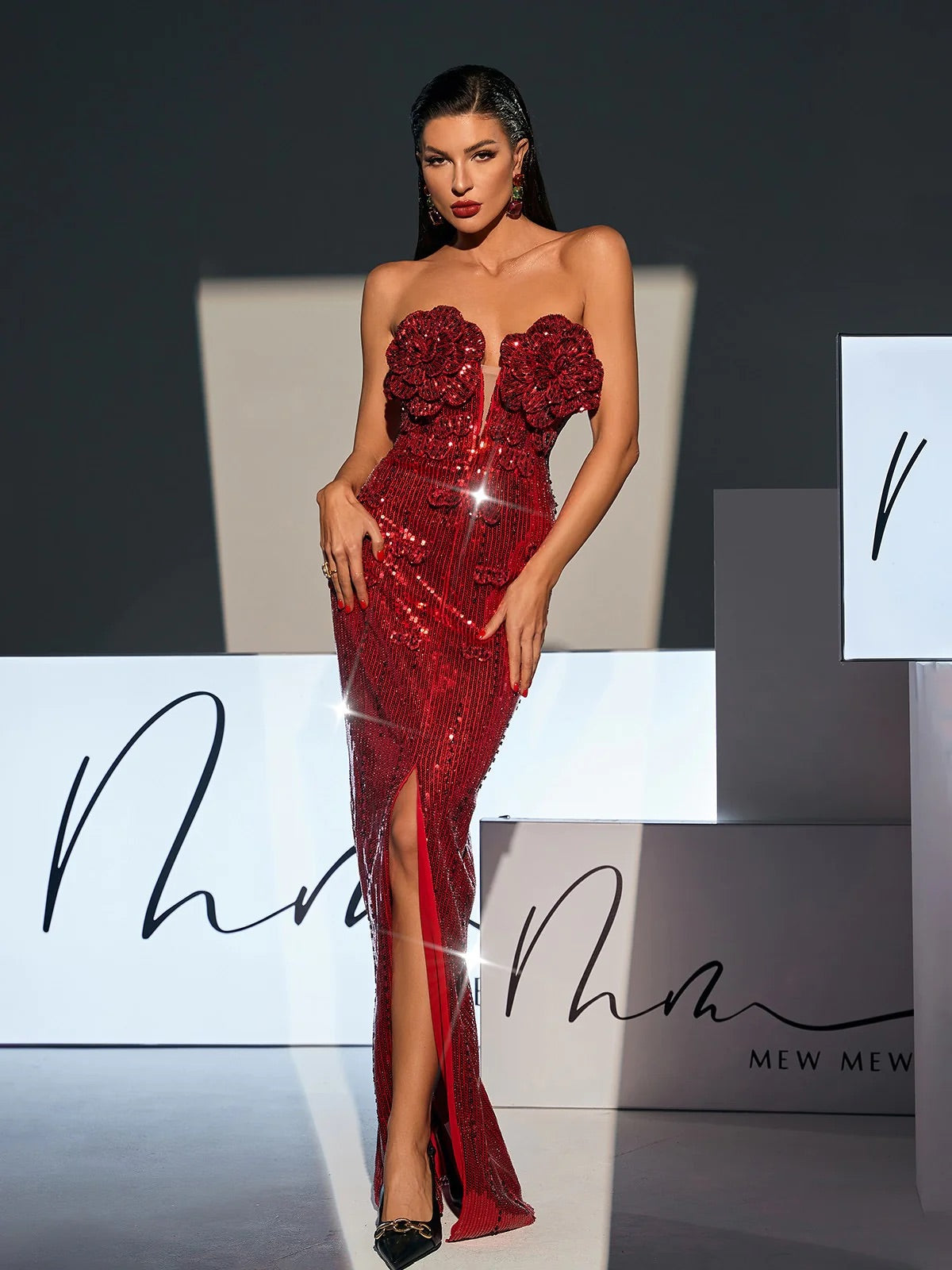 Red Sequin flower maxi dress