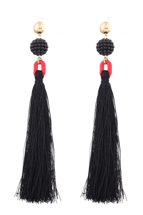 Tassel Bead Long Earrings Black