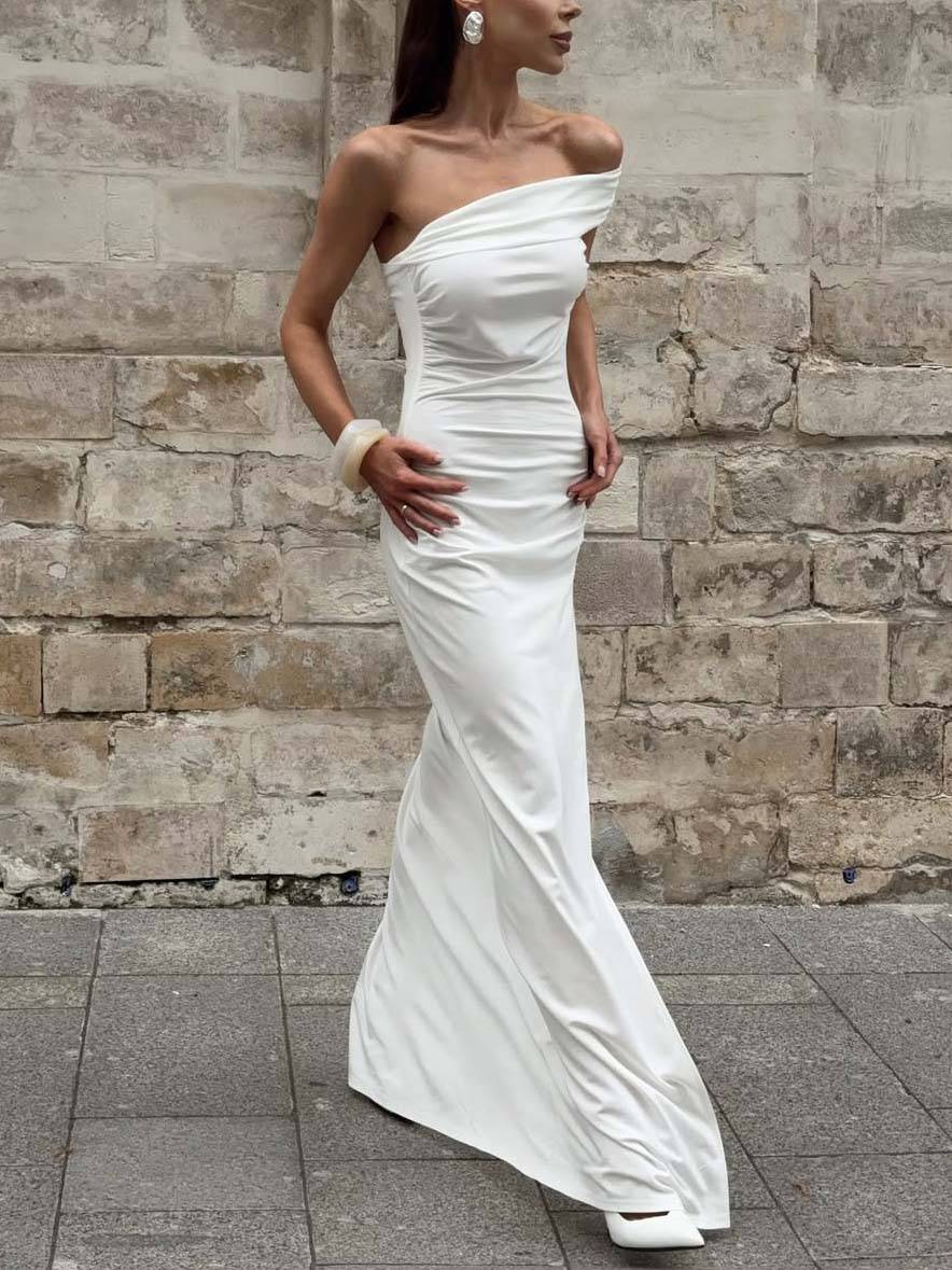 Off-shoulder Pleated Side Slit Maxi Dress White