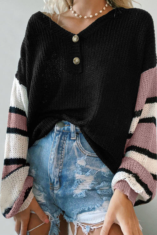 Cozy Love Striped Button Up Knit Sweater - 3 Colors Black