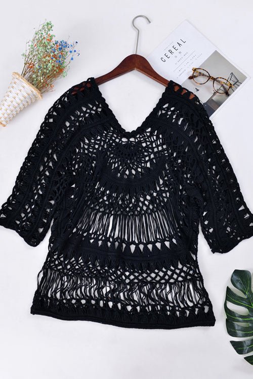 Flower Crochet Beach Blouse Black