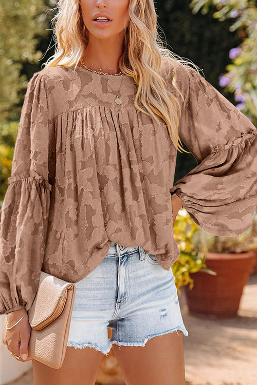 Mind On Sunshine Floral Jacquard Long Sleeve Top - 5 Colors Khaki