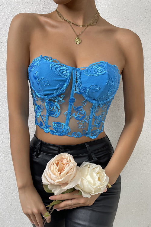 Flirty Touch Sleeveless Lace Bustier Corset Crop Top - 6 Colors Blue