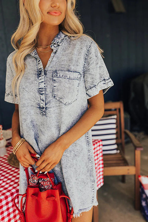 Festival Feelin' Light Wash Short Sleeve Denim Dress - 4 Colors