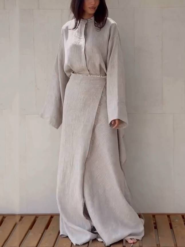 Stand Collar Shirt And Lace-up Skirt Suit Apricot
