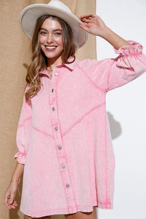 Step Out Half Sleeve Button Down Denim Mini Dress Pink