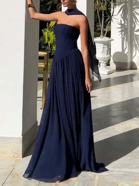 Scarf Tube Top A- Line Maxi Dress Dark-blue