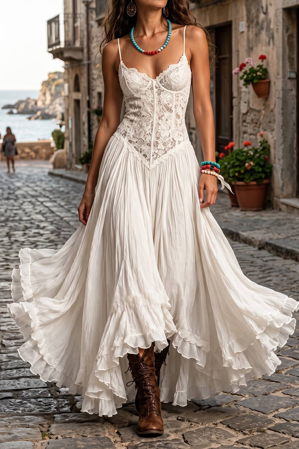 Lace Ruffled Bohemian Long Dress