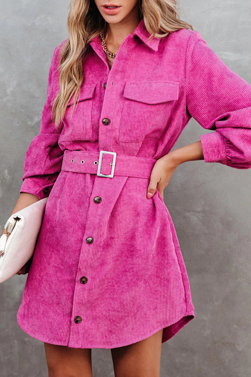 Catch Your Self Corduroy Button Up Mini Dress - 5 Colors Pink