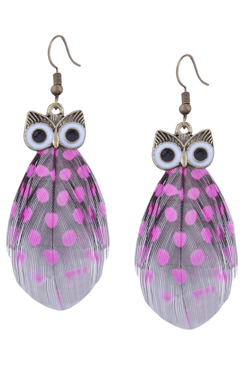 Owl Feather Cute Earrings Purple