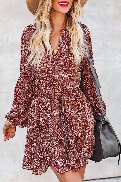 Love Of Romance Floral Print Ruffle Mini Dress - 5 Colors Brick Red