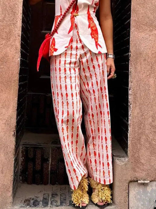 Unique Lucky Fish Print Elastic Waist Wide-leg Pants Red