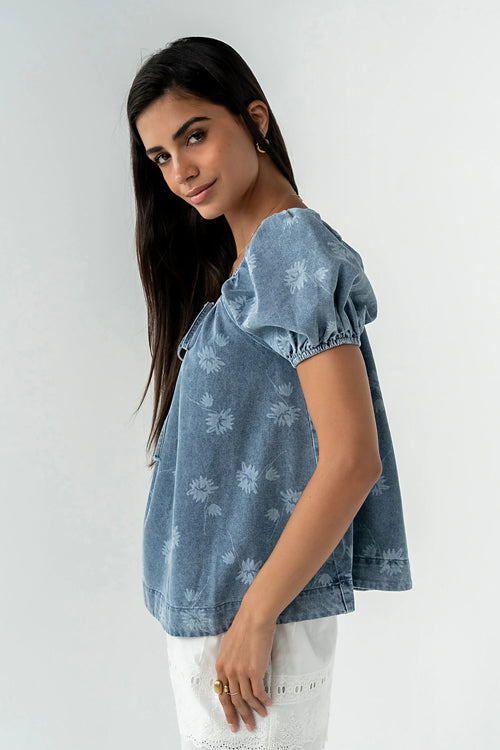 Consistently Confident Short Sleeve Print Denim Top