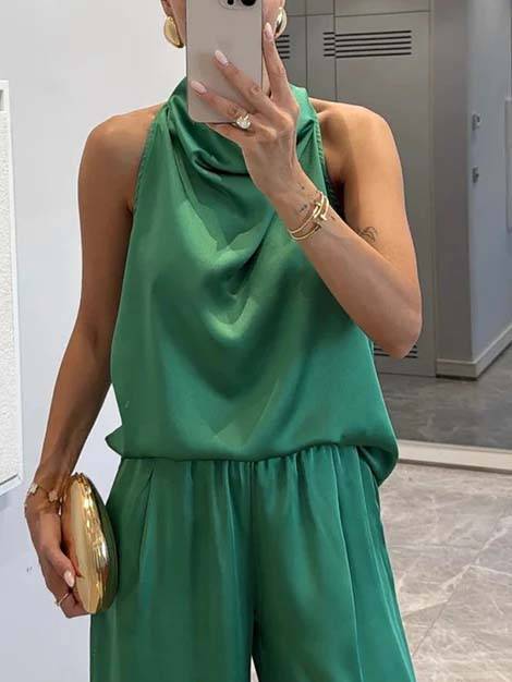 Elegant Halter Neck Swing Collar Top And Wide Leg Pants Suit-Top Green