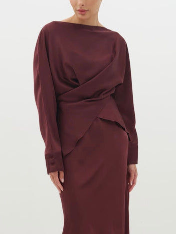 Elegant Asymmetrical Satin Long-sleeved Shirt Deep Red