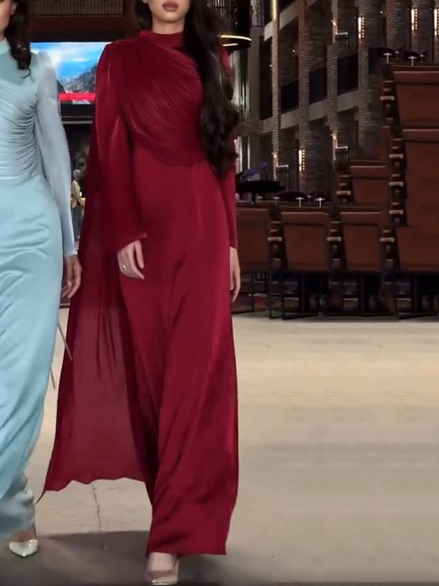 Pleated Design Ribbon Maxi Dress Red