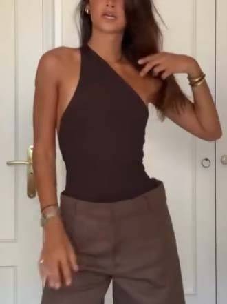Oblique Collar Off-shoulder Bodysuits And Side Slits Wide Leg Pants Suit- Bodysuits Brown