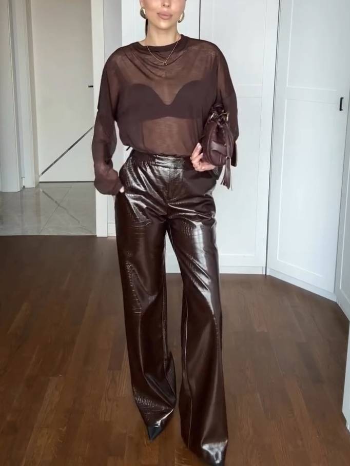 Minimalist Perspective T-shirt And Leather Pants Suit Brown