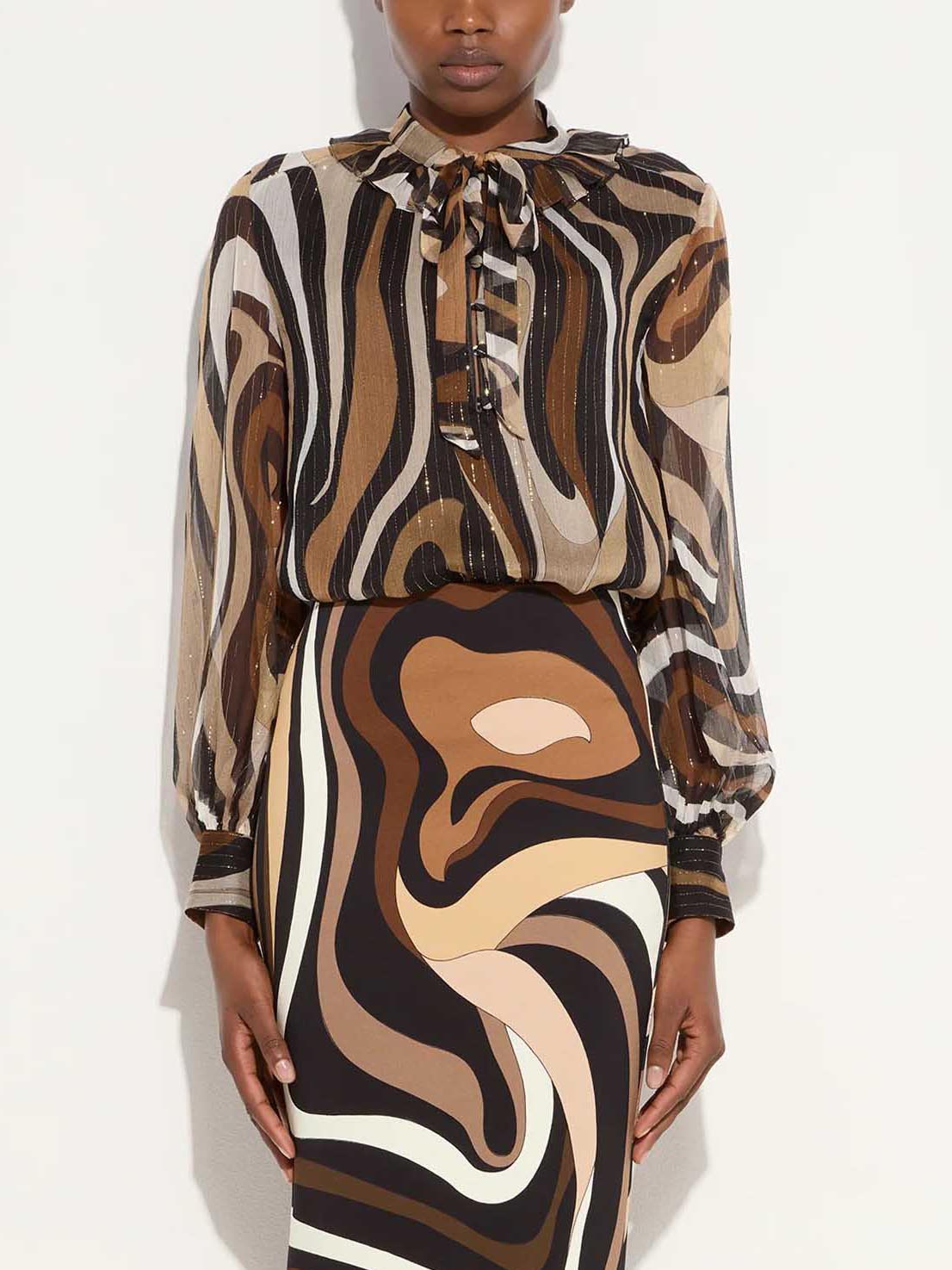 Retro Abstract Print Chiffon Shirt Brown Top