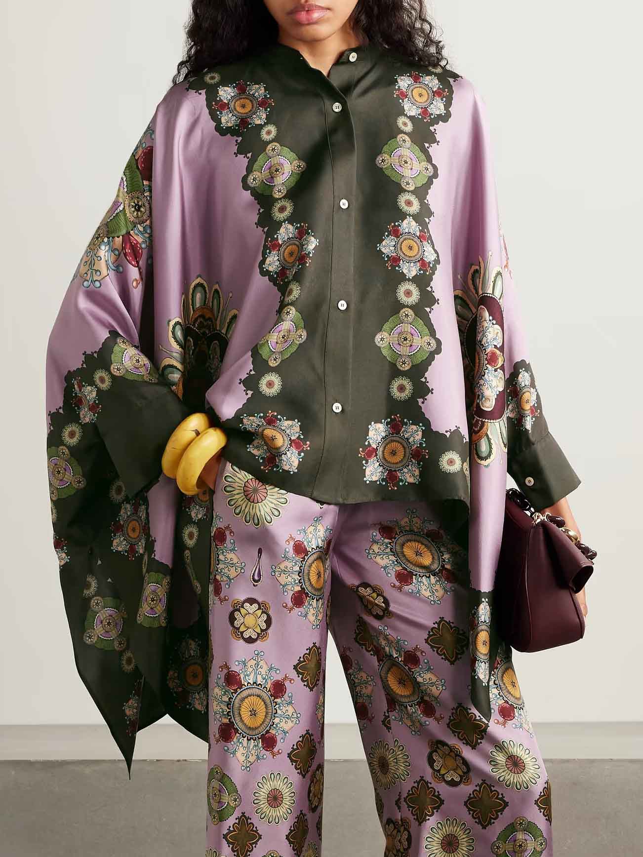 Retro Fine Satin Floral Print Cape Shirt Purple