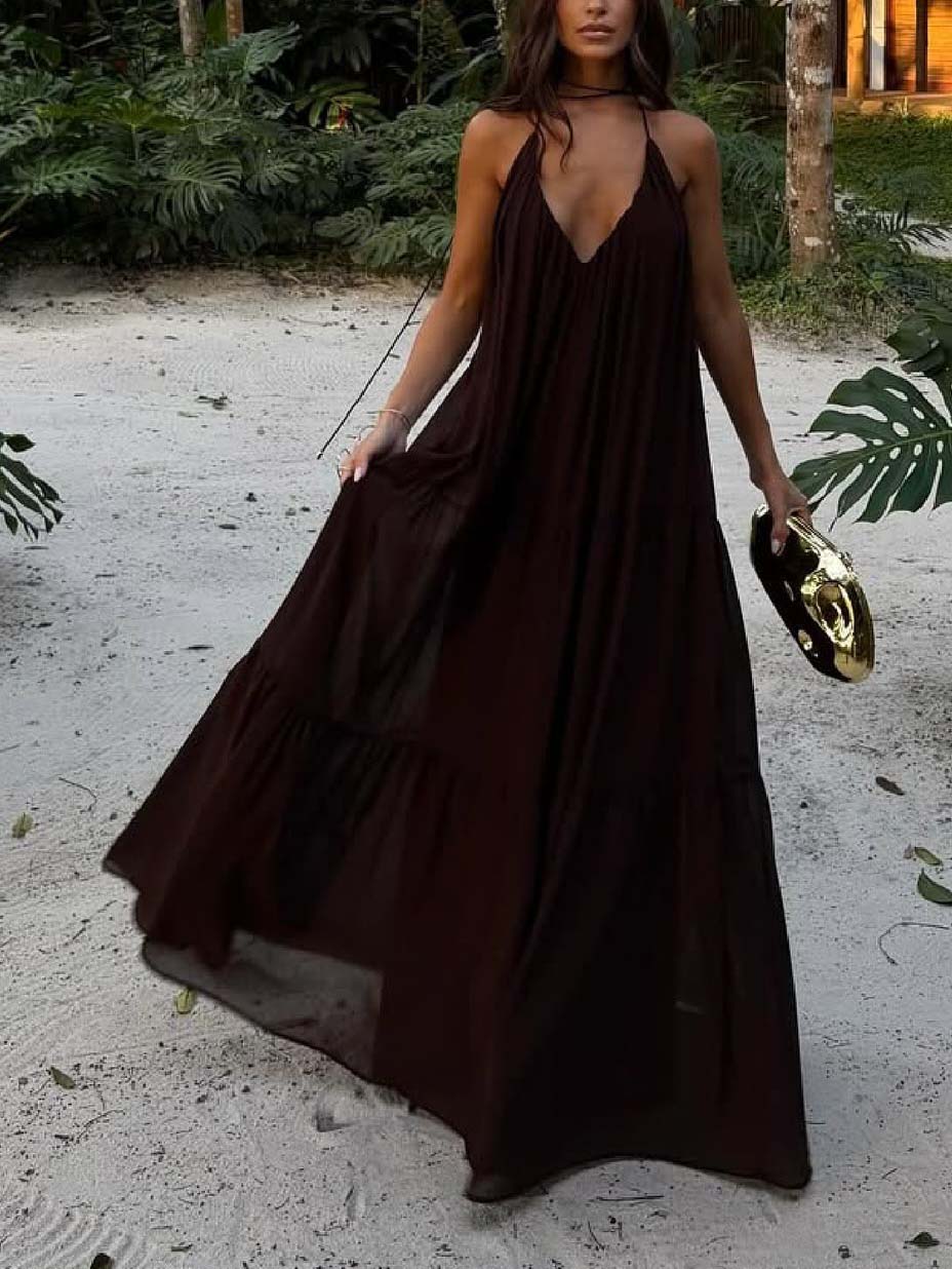 Elegant Pleated V-neck Maxi Dress Brown
