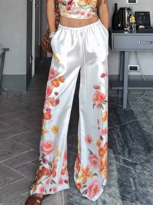 Vacation Style Floral Print Scarf Top And Wide Leg Pants Set-Pants Printed