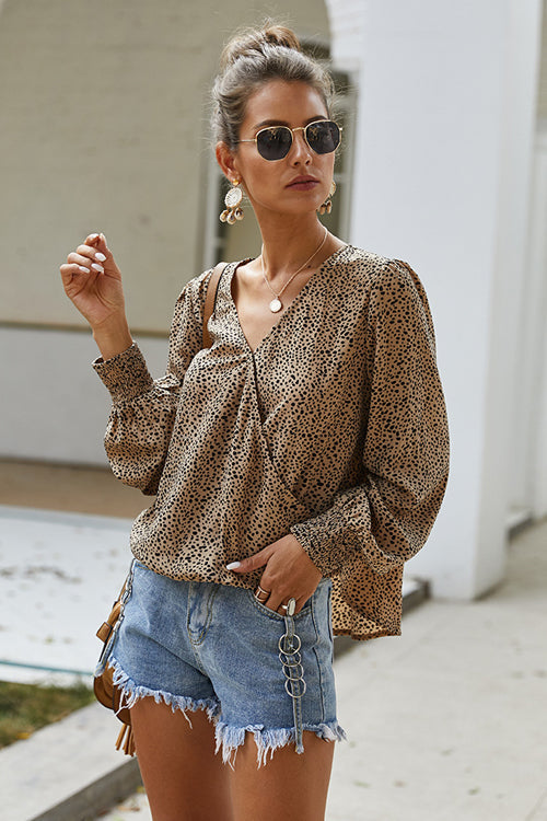 Draw You Close Printed Long Sleeve Wrap Top - 2 Colors Khaki