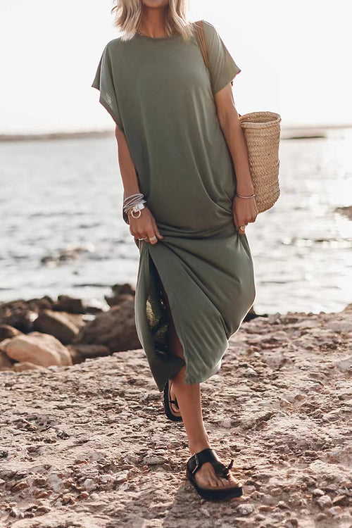 Live For Today Short Sleeve Relaxed Slit Maxi Dress -3 Colors Olive