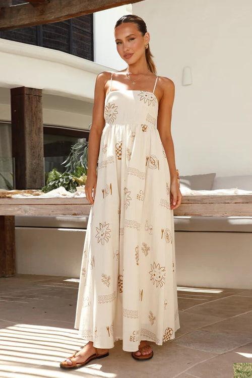 Living Is Easy Sleeveless Printed Maxi Dress - 4 Colors White&Khkai Print