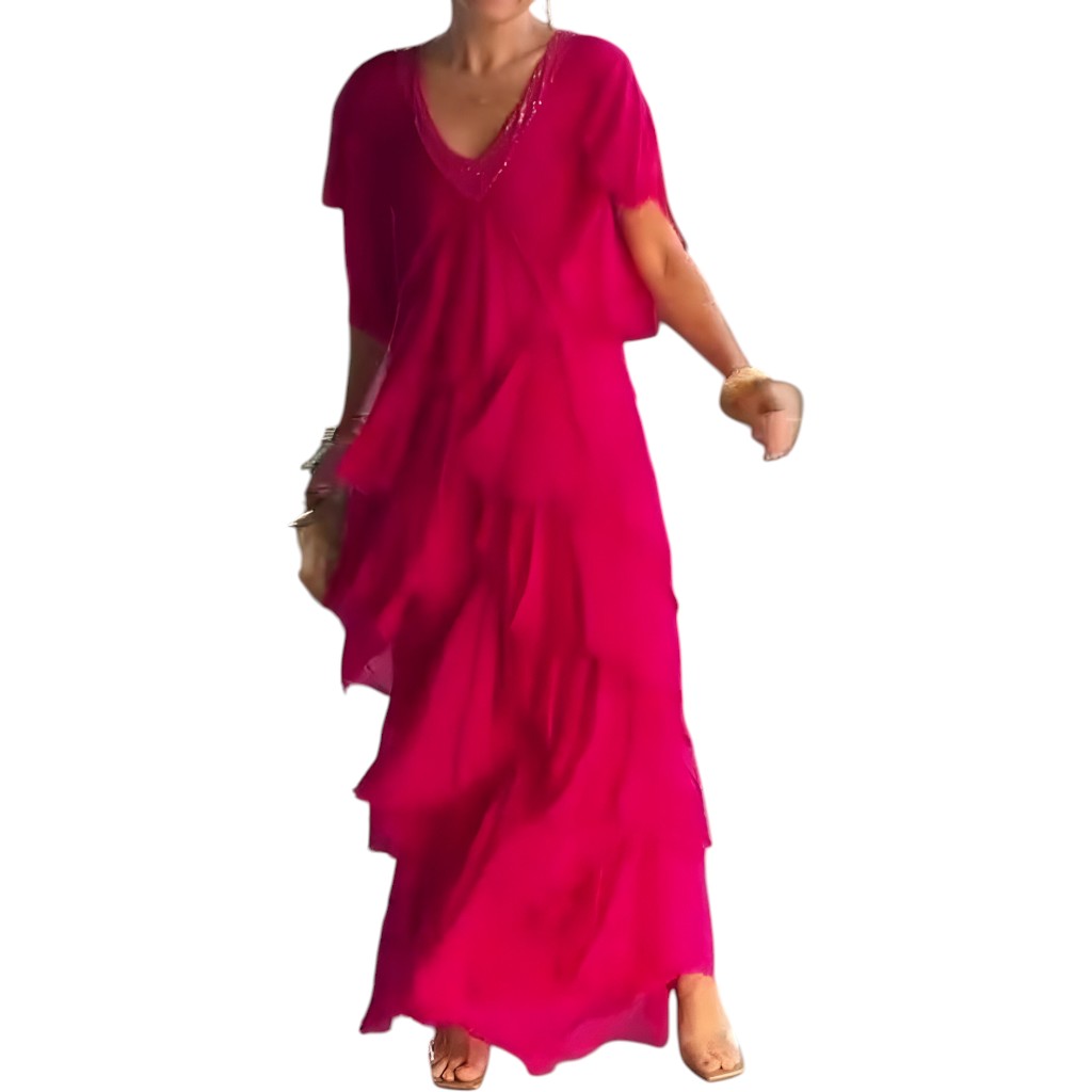 Sheila- Elegant pleated dress with V-neck