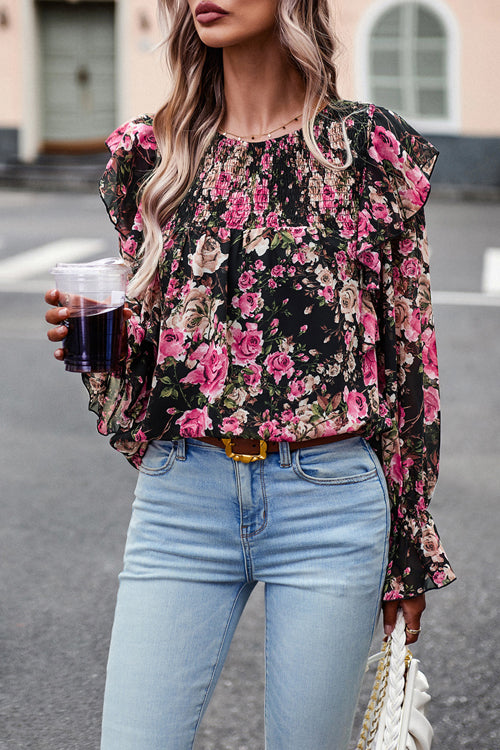 By The Garden Floral Print Long Sleeve Smocked Top - 6 Colors Black
