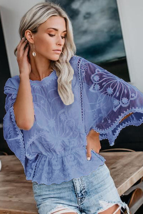 Better By The Day Lace Embroidery Short Sleeve Top - 5 Colors Blue