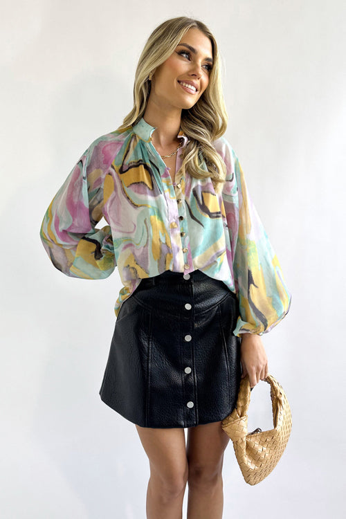 Make Yourself Happy Print Button Down Long Sleeve Top - 4 Colors Light Blue & Yellow