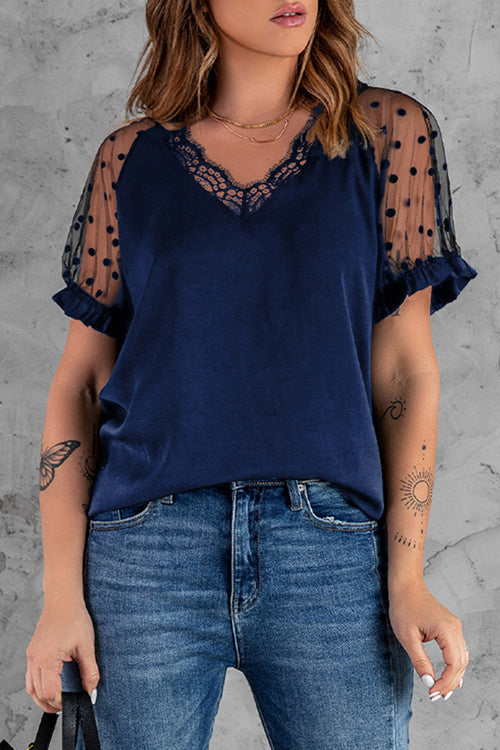 Hello Beautiful Sheer Dot Tulle Short Sleeve Top - 4 Colors Navy