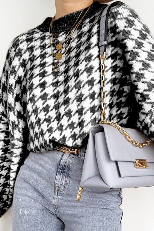 Warmed Up Houndstooth Knit Sweater - 3 Colors Black