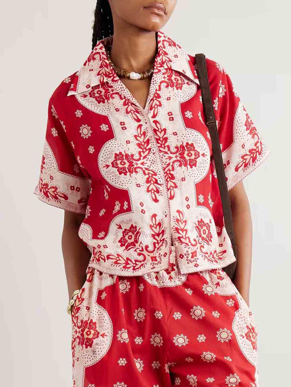 Retro Bright Floral Print Casual Shirt Red