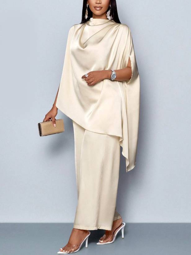 Swing Collar Irregular Hem Shirt And Wide Leg Pants Suit Apricot