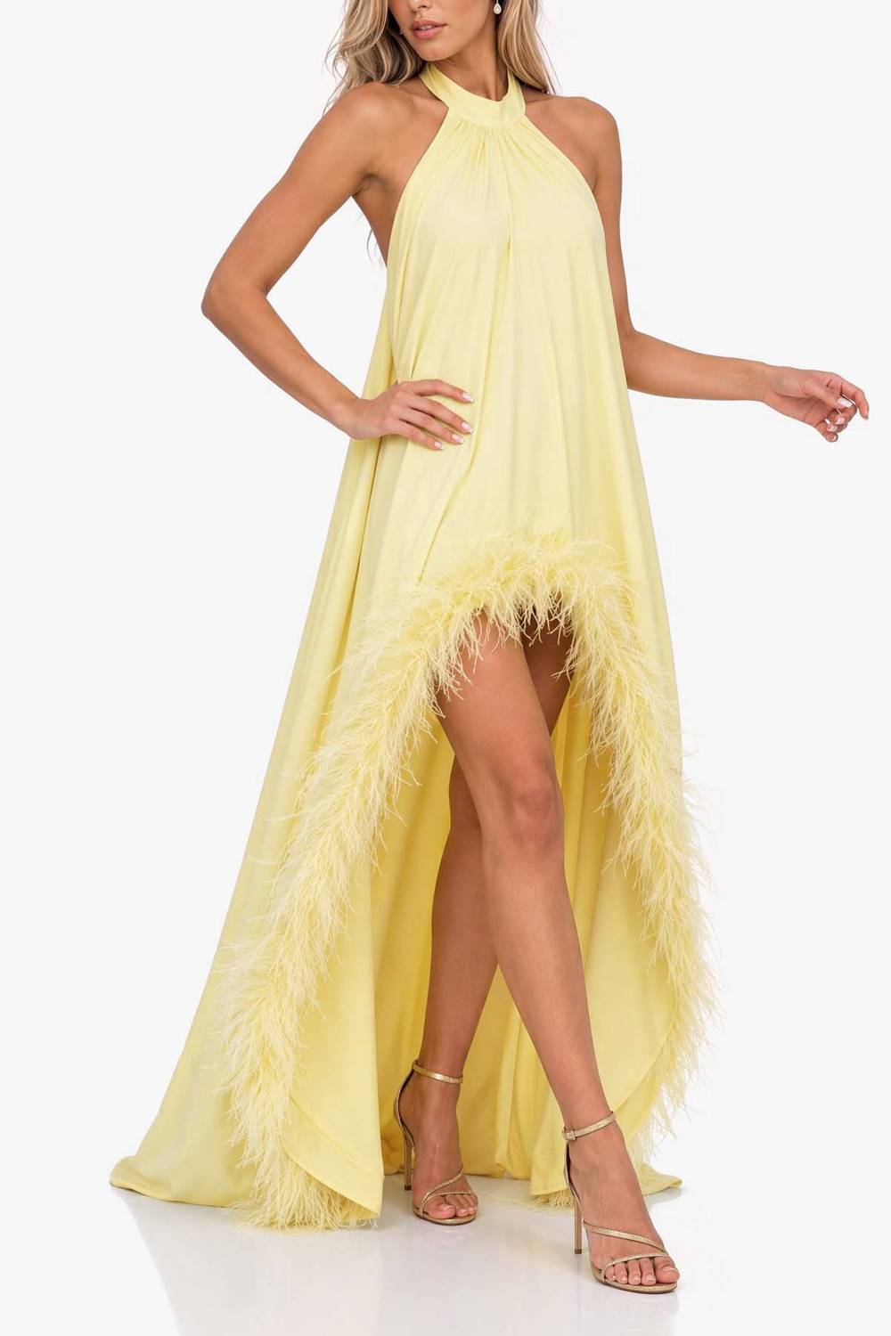 Halter-neck Feather-trimmed High-slit Long Evening Gown Yellow