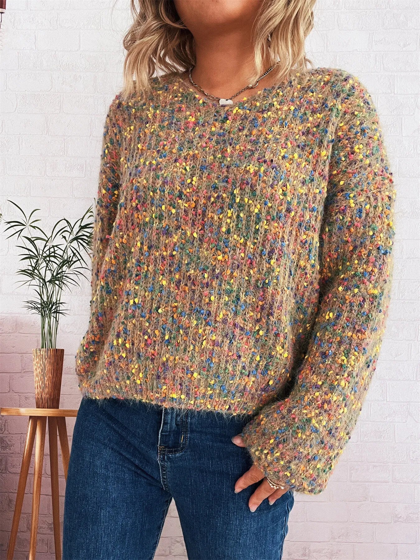 Women’s Colorful Long Sleeve Sweater – Vibrant Knit Pullover for Fall & Winter