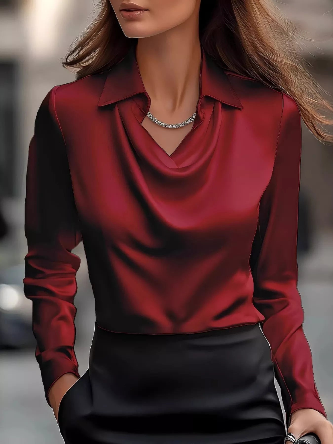Shiny Satin Cowl Neck Long Sleeve Blouse - Inclusive Sizing
