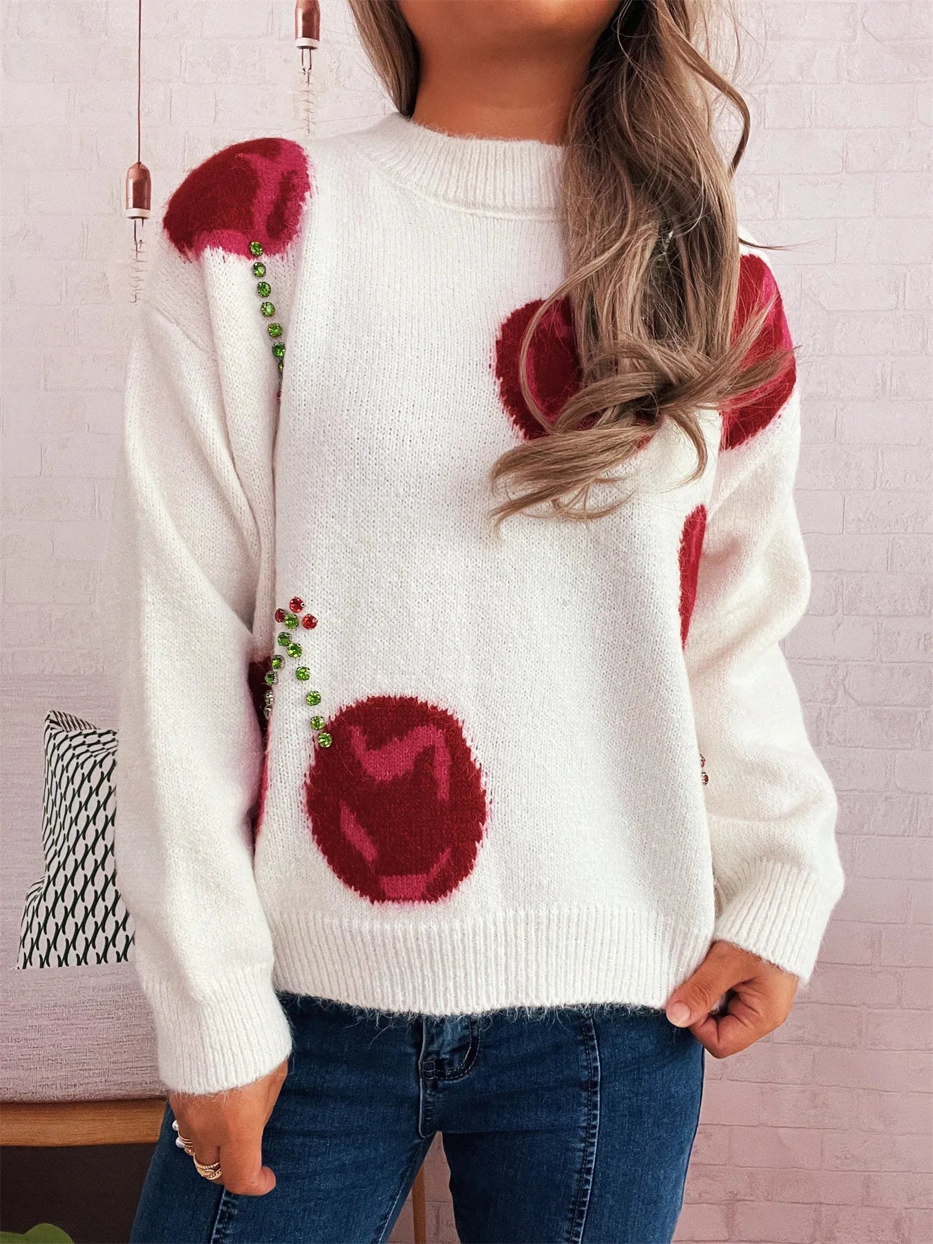Women’s Contrast Cherry Round Neck Sweater – Cute Knit Pullover for Fall & Winter