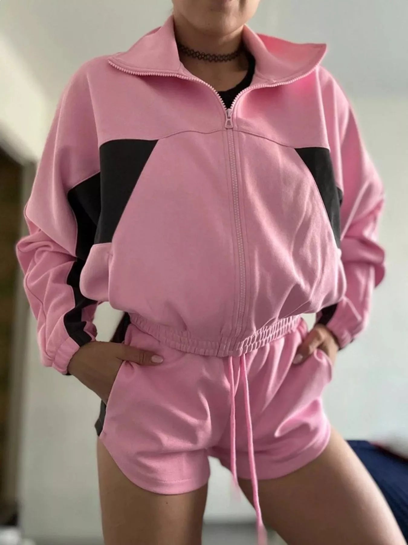 Zip Up Long Sleeve Outerwear and Shorts Set