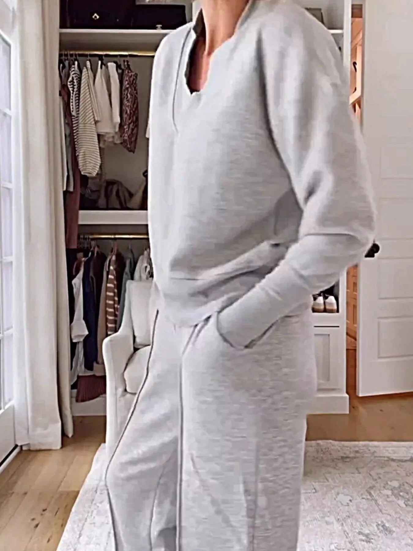 Full Size Cozy V-Neck Top and Pants Set Plus Size