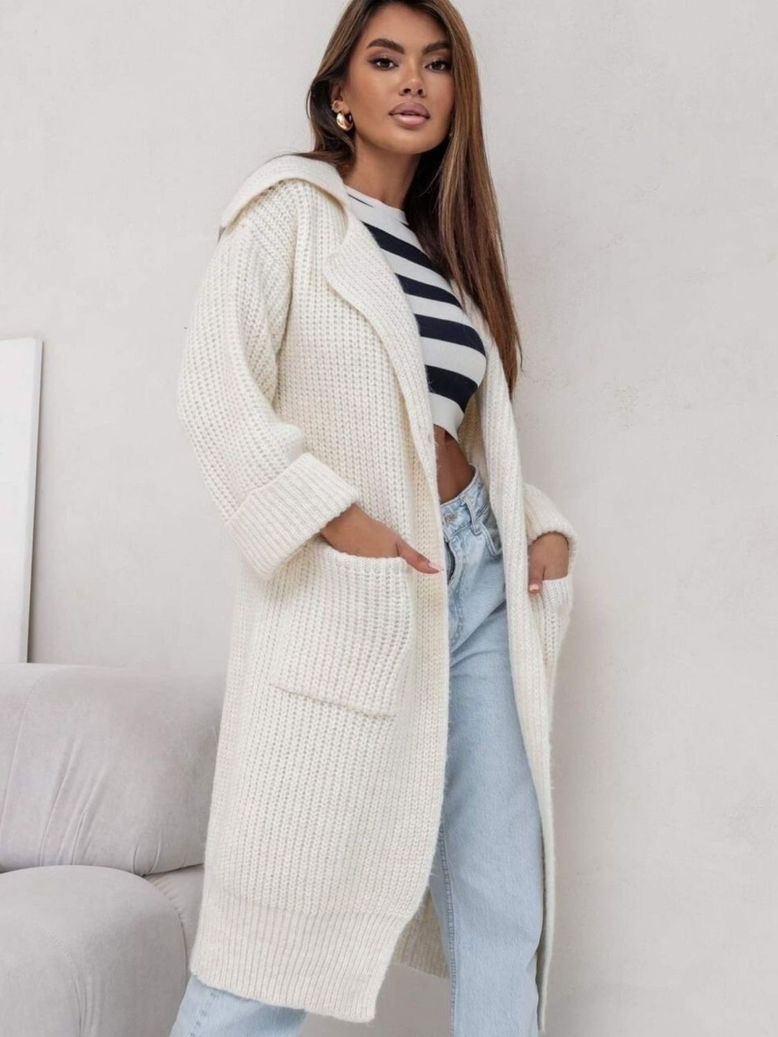 Pocketed Collared Neck Dropped Shoulder Cardigan Cream One Size
