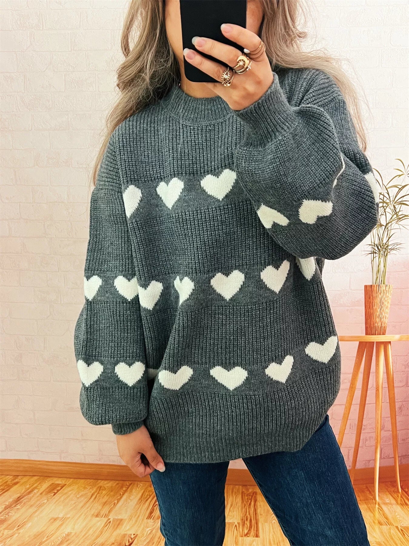 Heart Pattern Dropped Shoulder Sweater