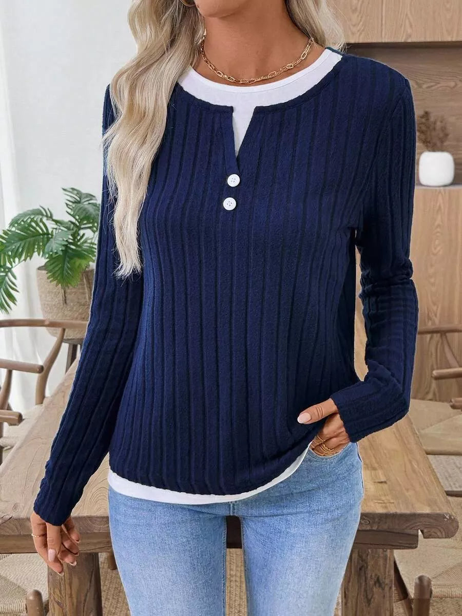 Ribbed Knit Long Sleeve Henley T-Shirt