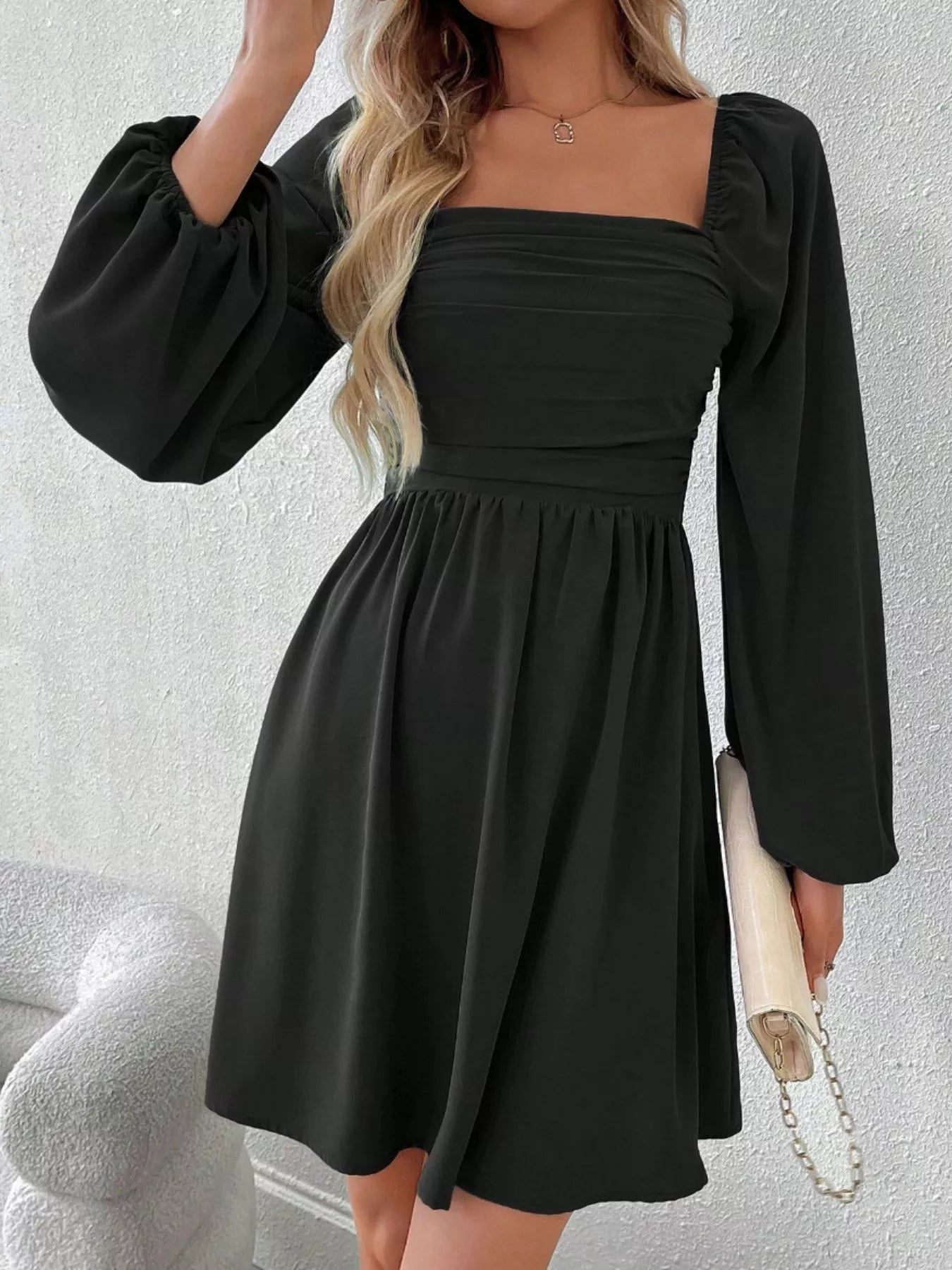 Ruched Square Neck Long Sleeve A-Line Dress