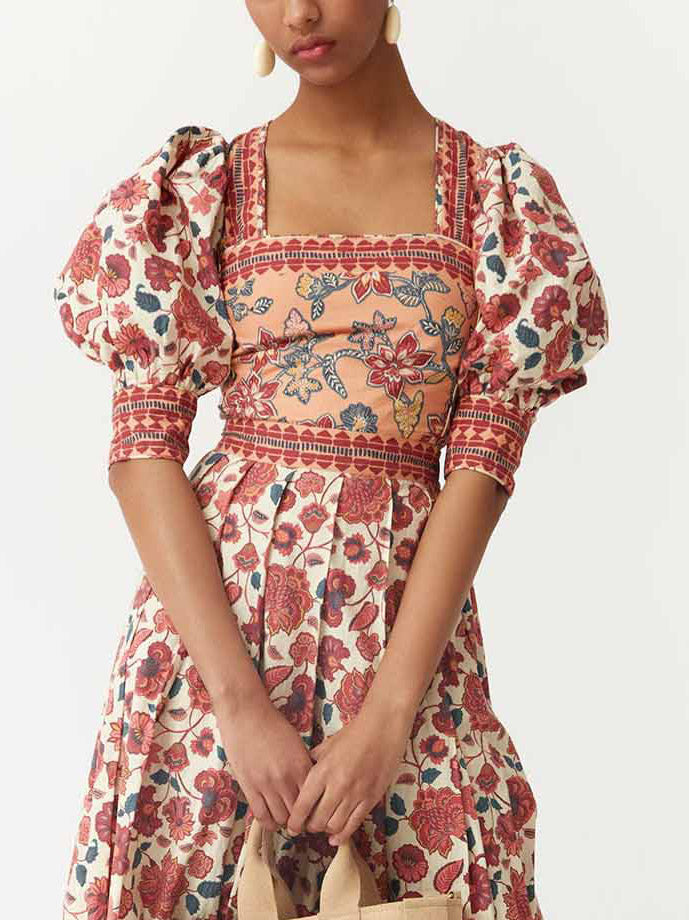 Retro Ethnic Floral Print Puff Sleeve Short Shirt Multicolor
